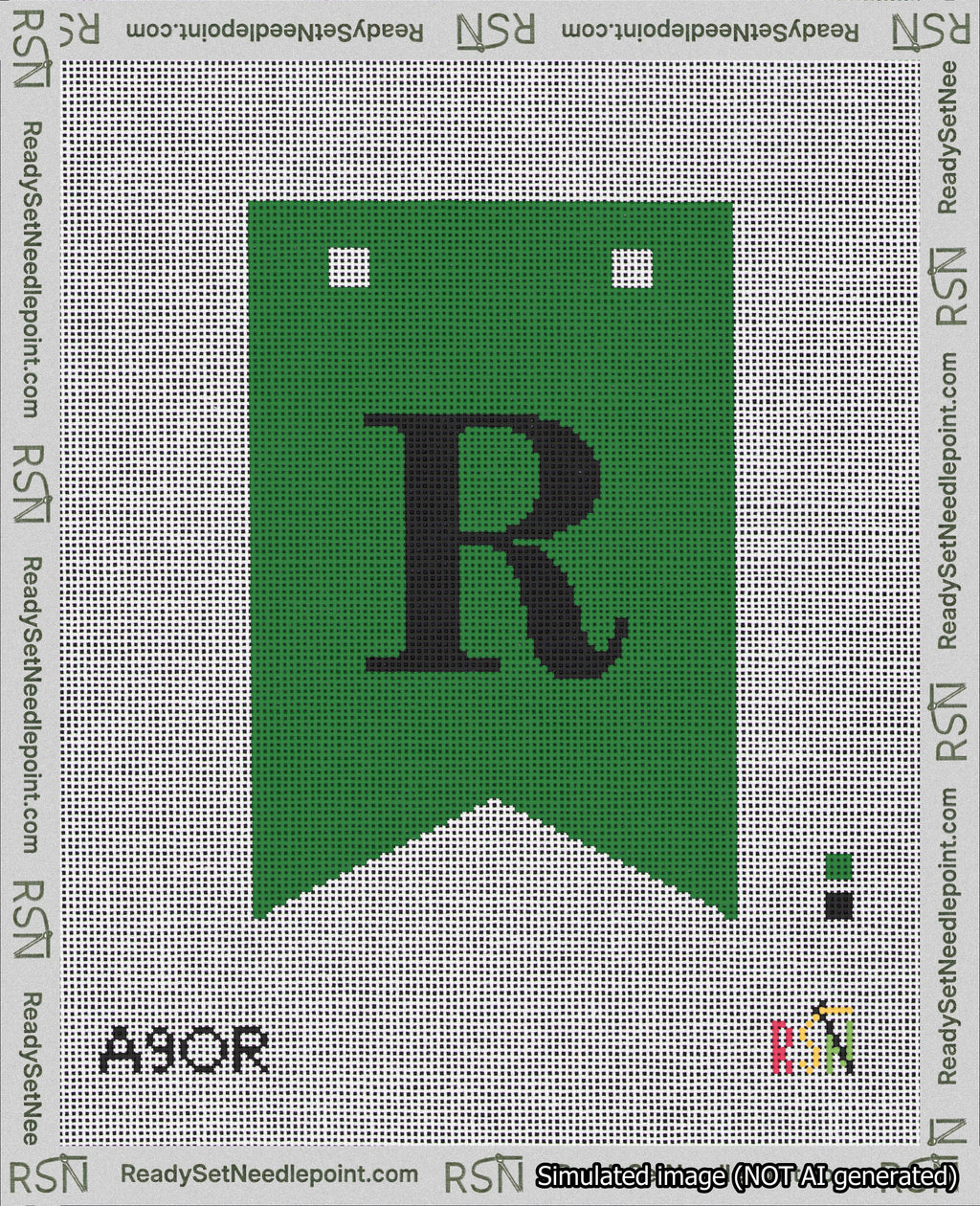 A taped needlepoint canvas with the design: Banner 18 mesh count Forked R Black on Green.