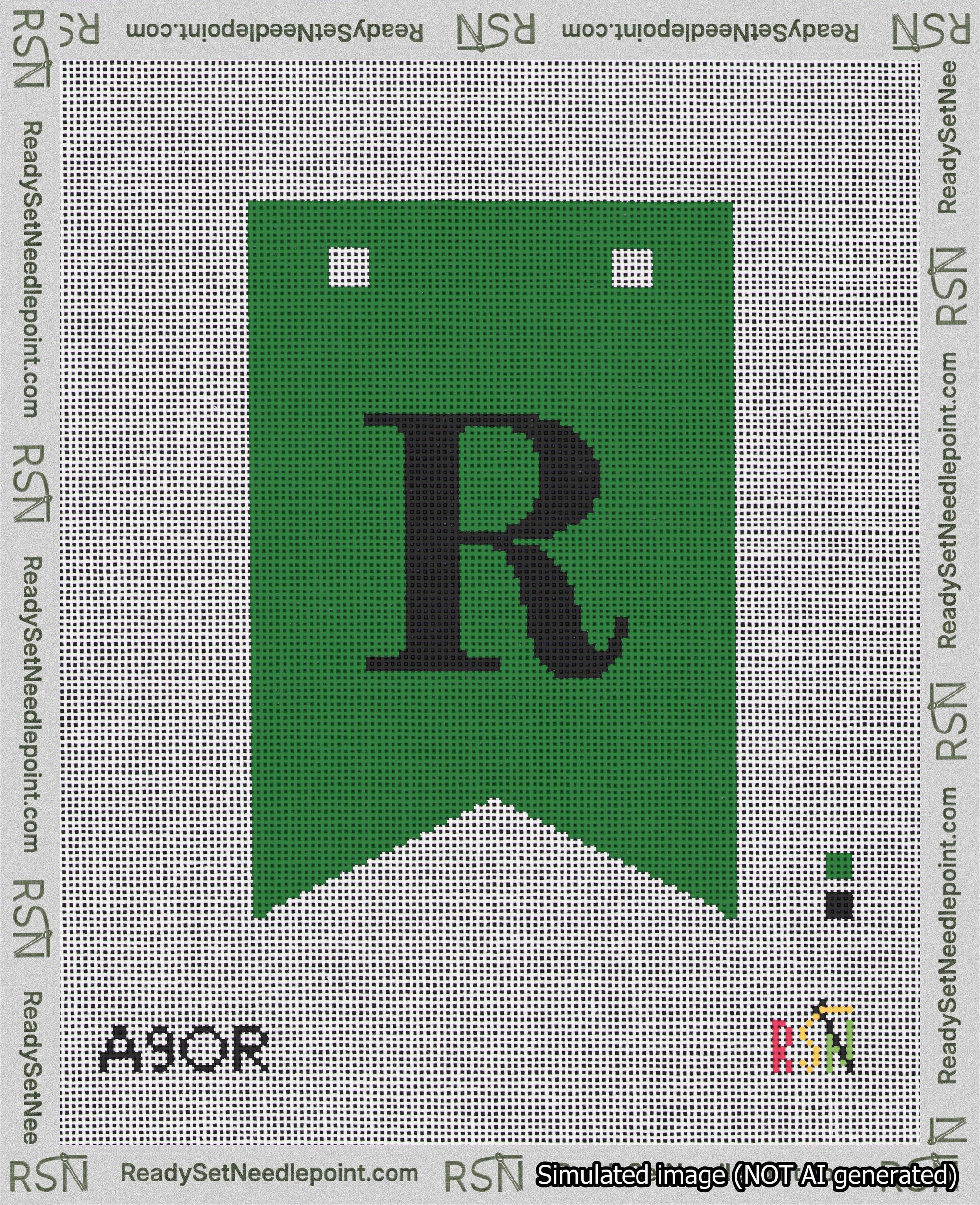 A taped needlepoint canvas with the design: Banner 18 mesh count Forked R Black on Green.