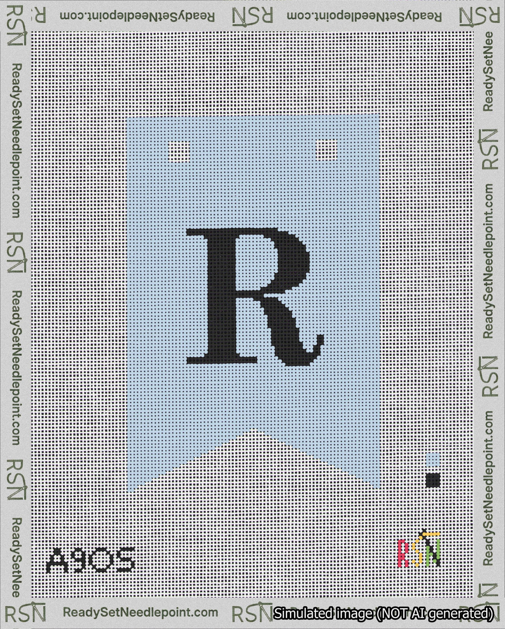 A taped needlepoint canvas with the design: Banner 18 mesh count Forked R Black on Light Blue.