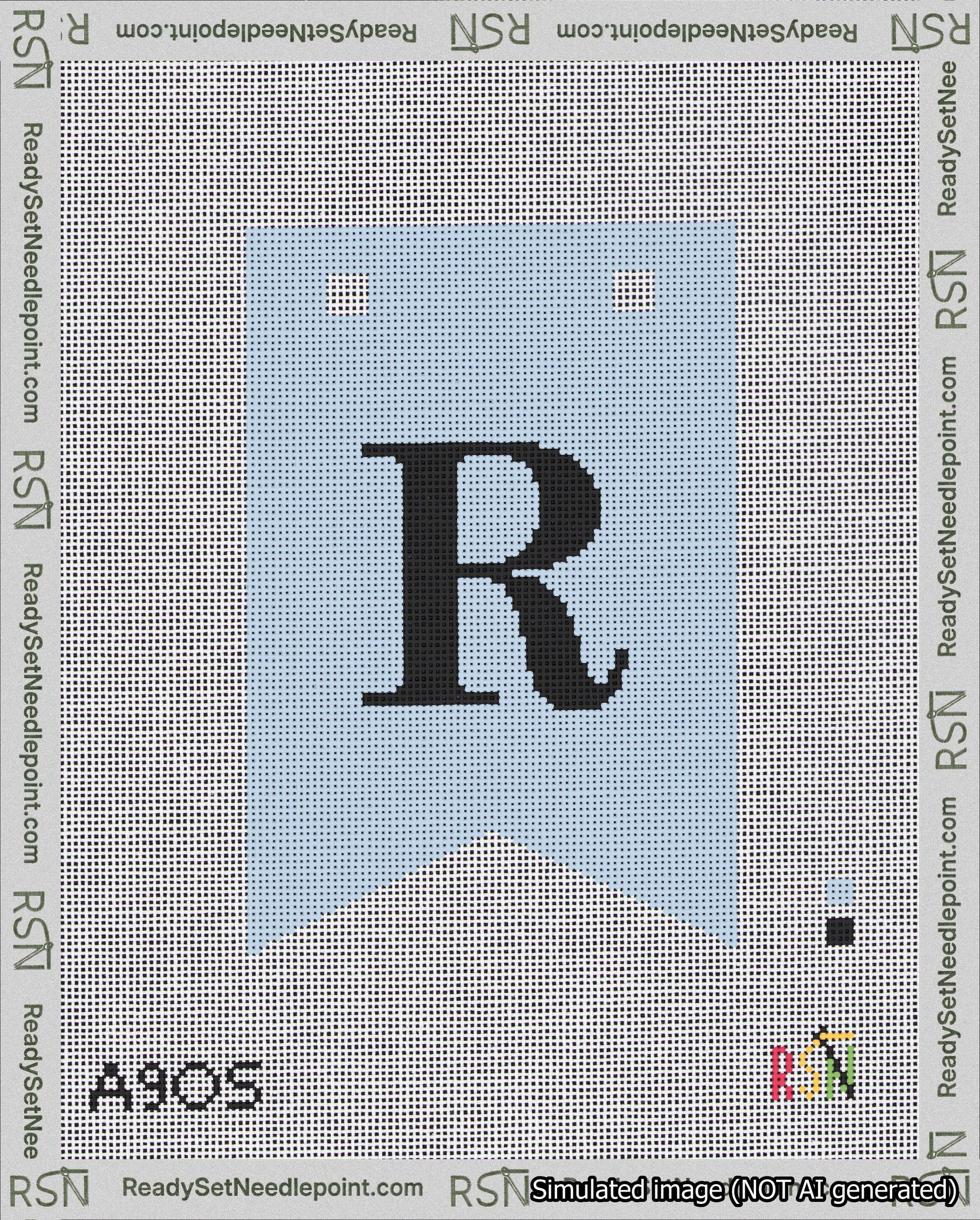 A taped needlepoint canvas with the design: Banner 18 mesh count Forked R Black on Light Blue.