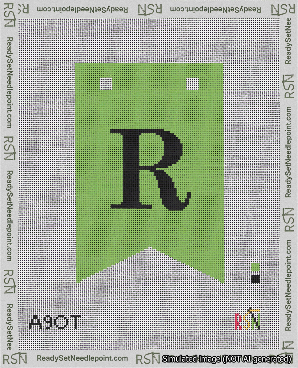 A taped needlepoint canvas with the design: Banner 18 mesh count Forked R Black on Light Green.