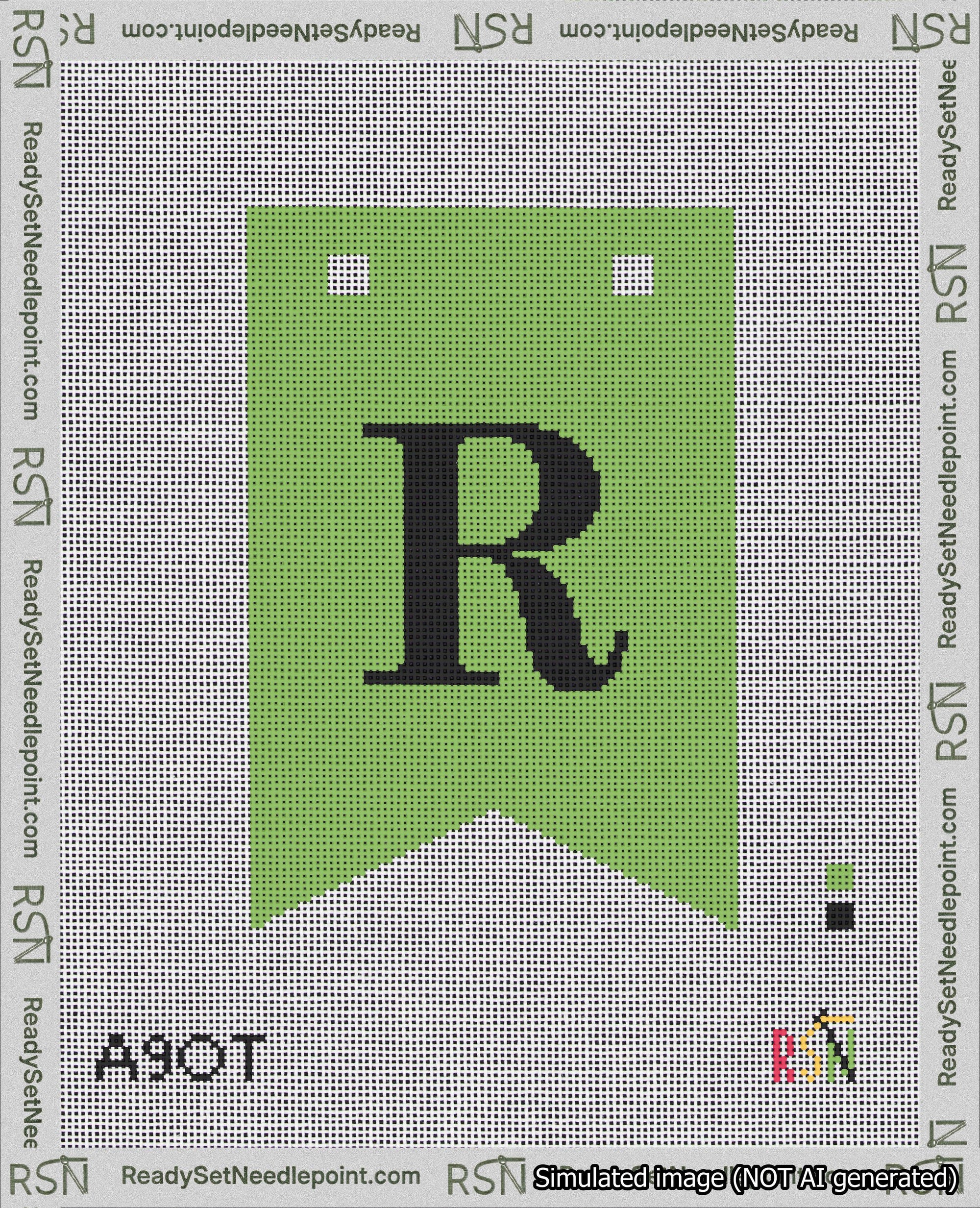 A taped needlepoint canvas with the design: Banner 18 mesh count Forked R Black on Light Green.