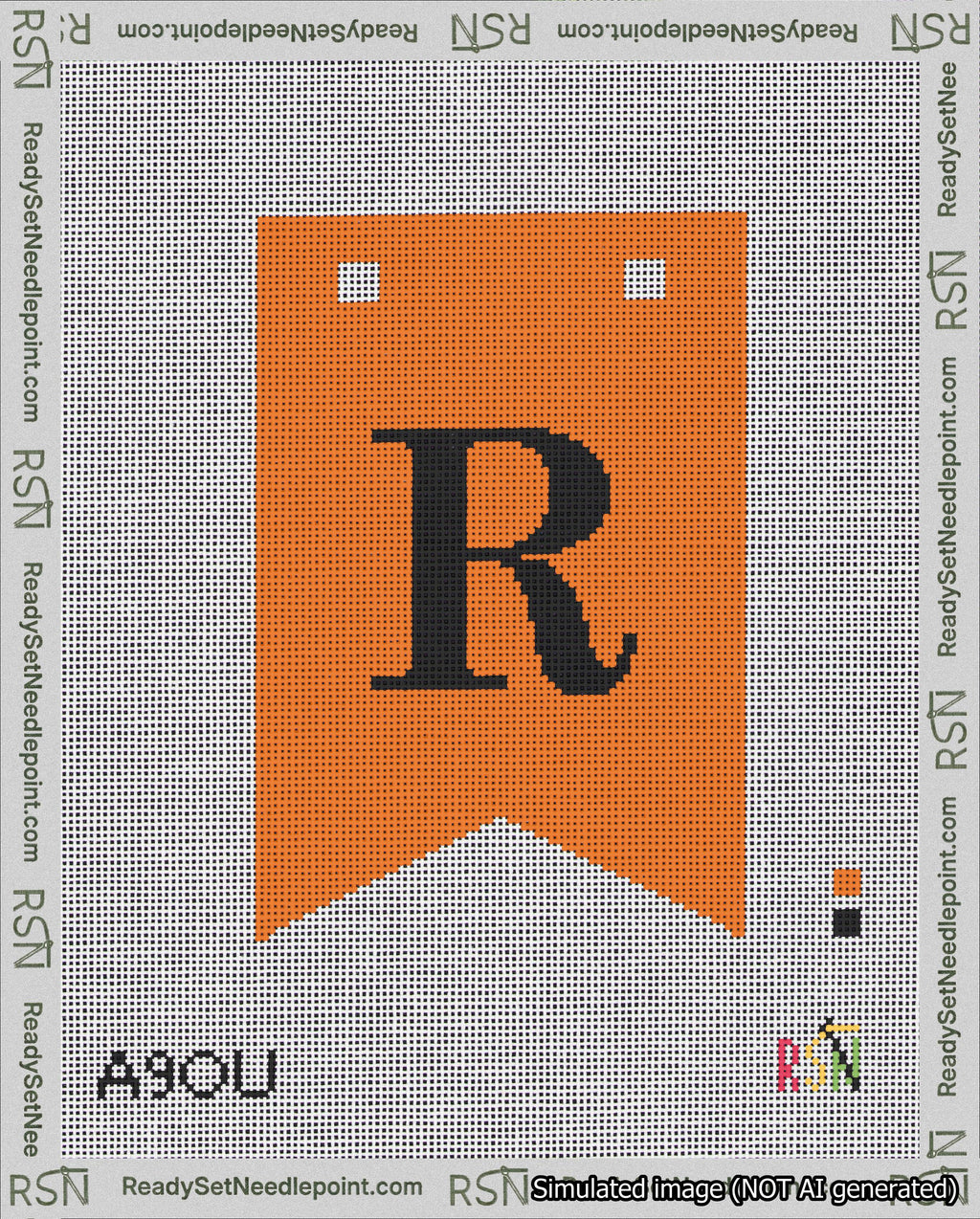 A taped needlepoint canvas with the design: Banner 18 mesh count Forked R Black on Orange.