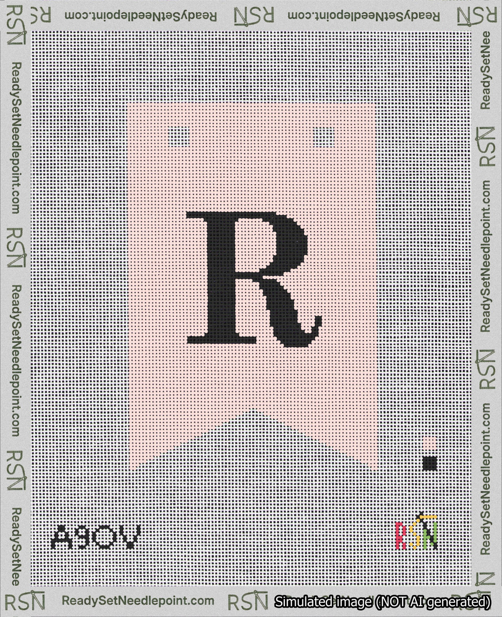 A taped needlepoint canvas with the design: Banner 18 mesh count Forked R Black on Pink.