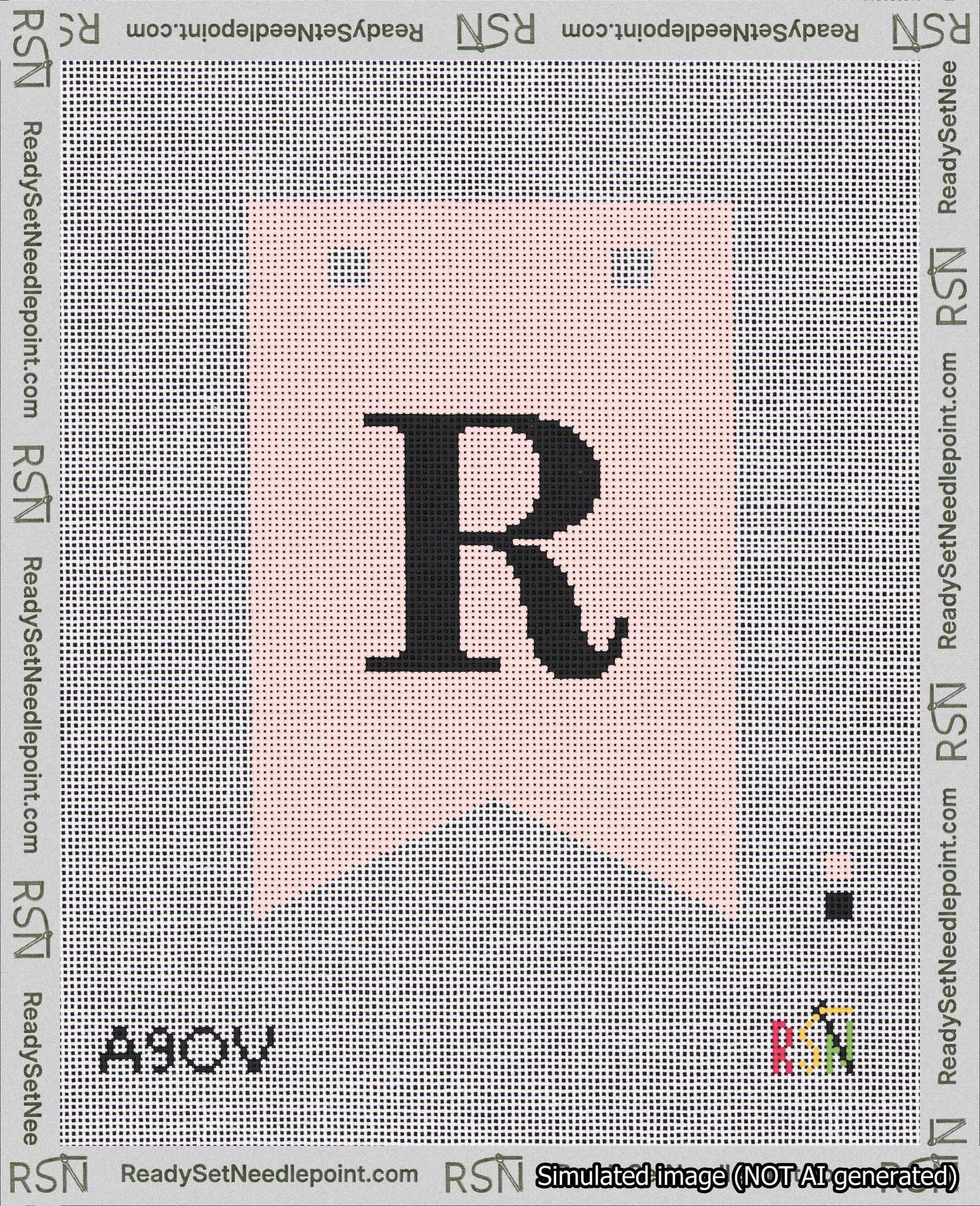 A taped needlepoint canvas with the design: Banner 18 mesh count Forked R Black on Pink.