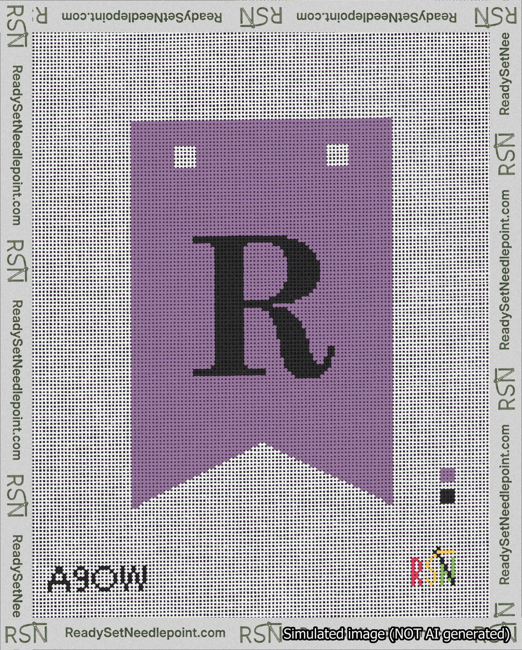 A taped needlepoint canvas with the design: Banner 18 mesh count Forked R Black on Purple.