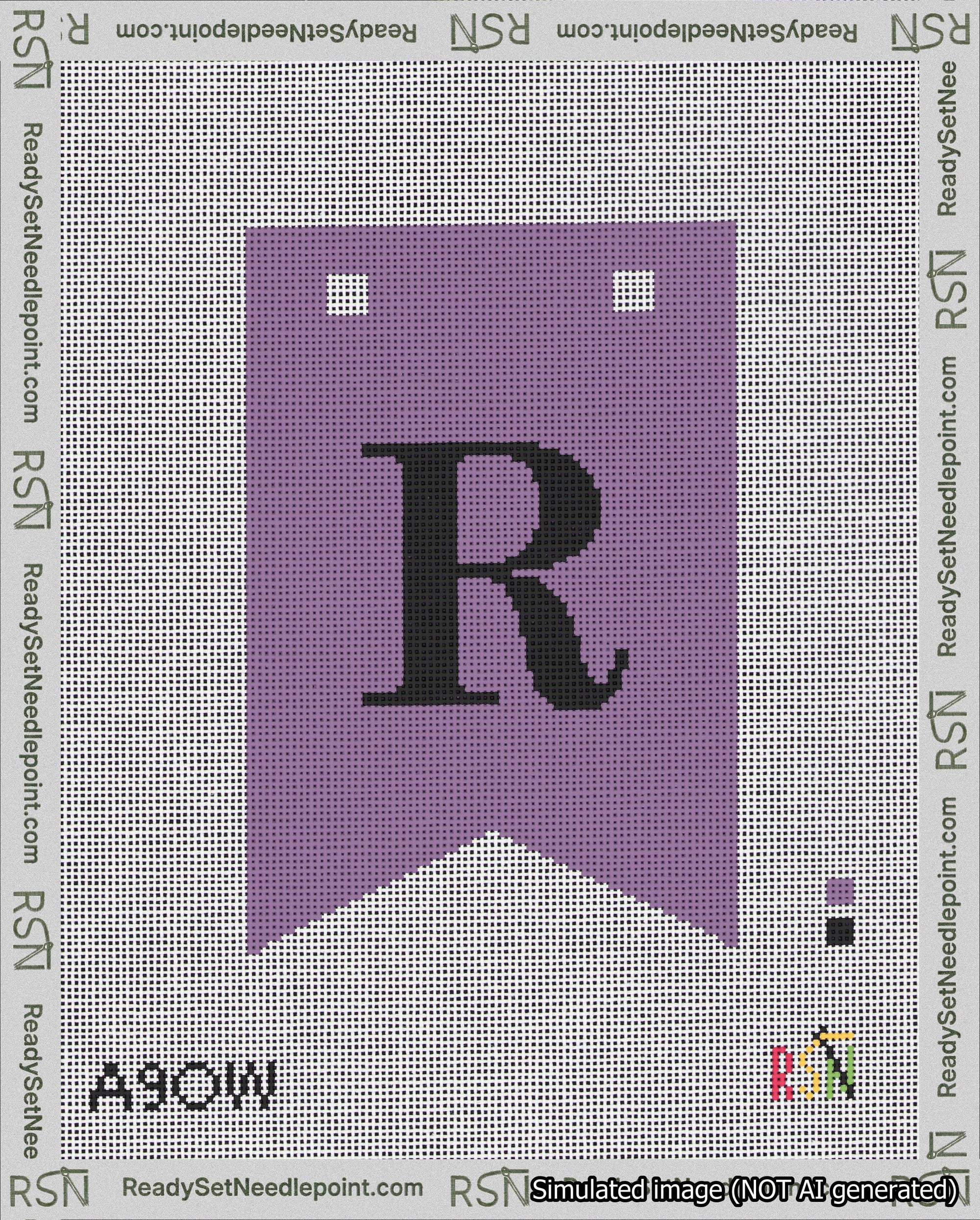 A taped needlepoint canvas with the design: Banner 18 mesh count Forked R Black on Purple.