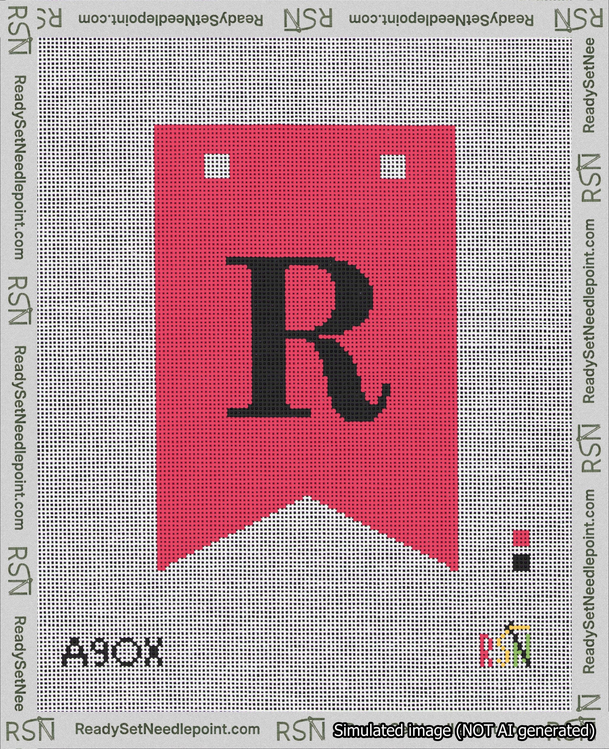 A taped needlepoint canvas with the design: Banner 18 mesh count Forked R Black on Red.