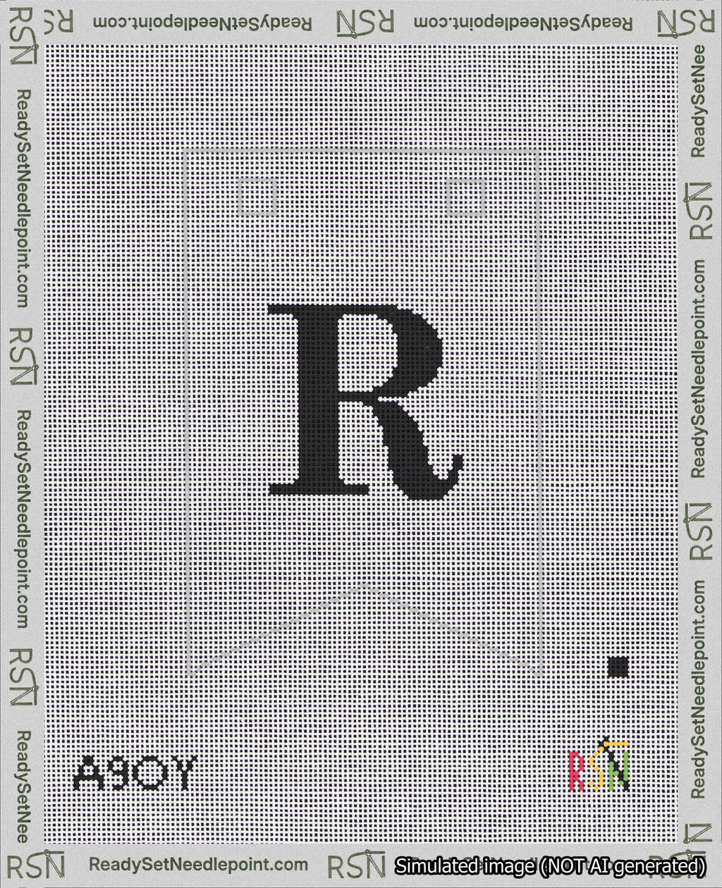 A taped needlepoint canvas with the design: Banner 18 mesh count Forked R Black on White.