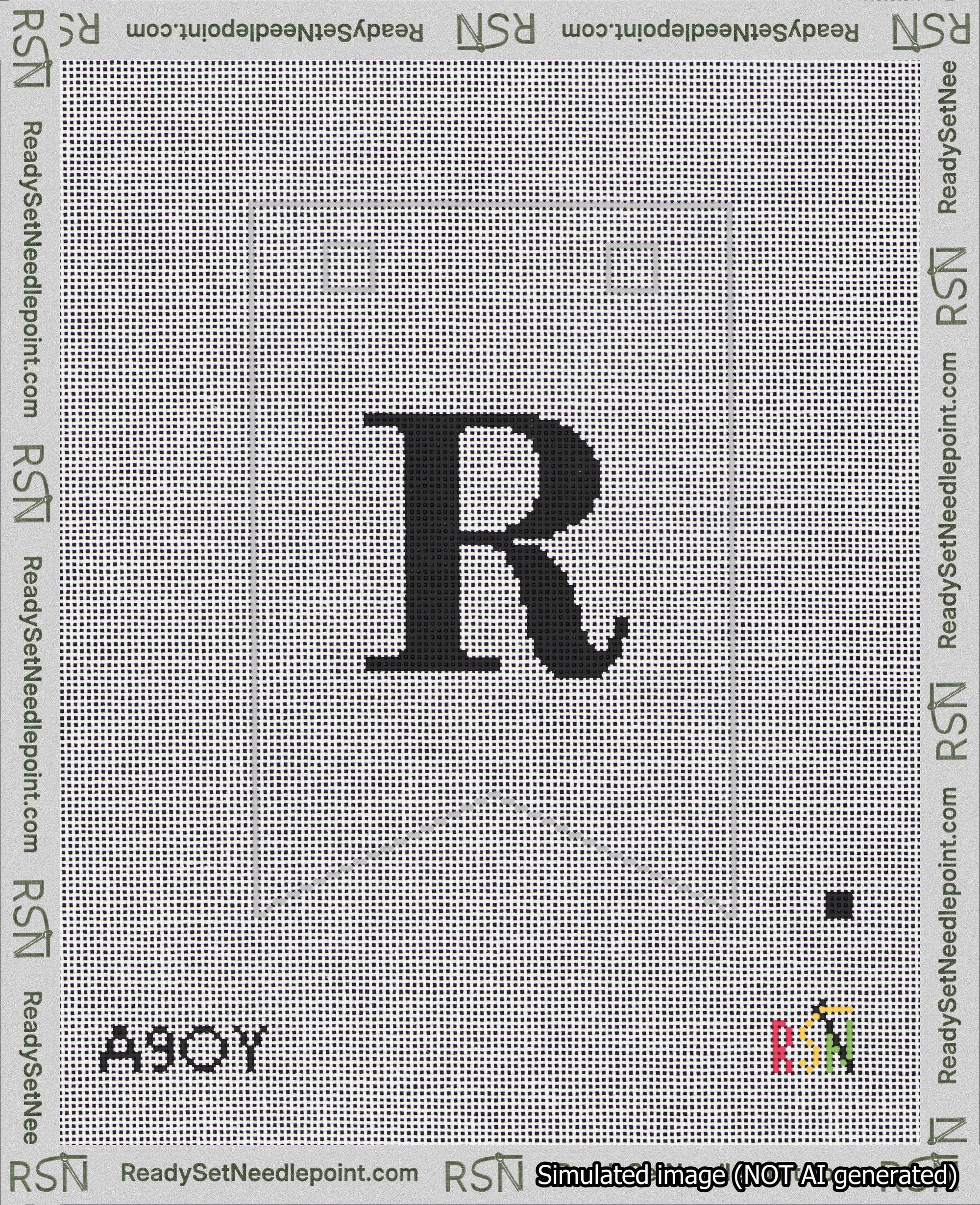 A taped needlepoint canvas with the design: Banner 18 mesh count Forked R Black on White.