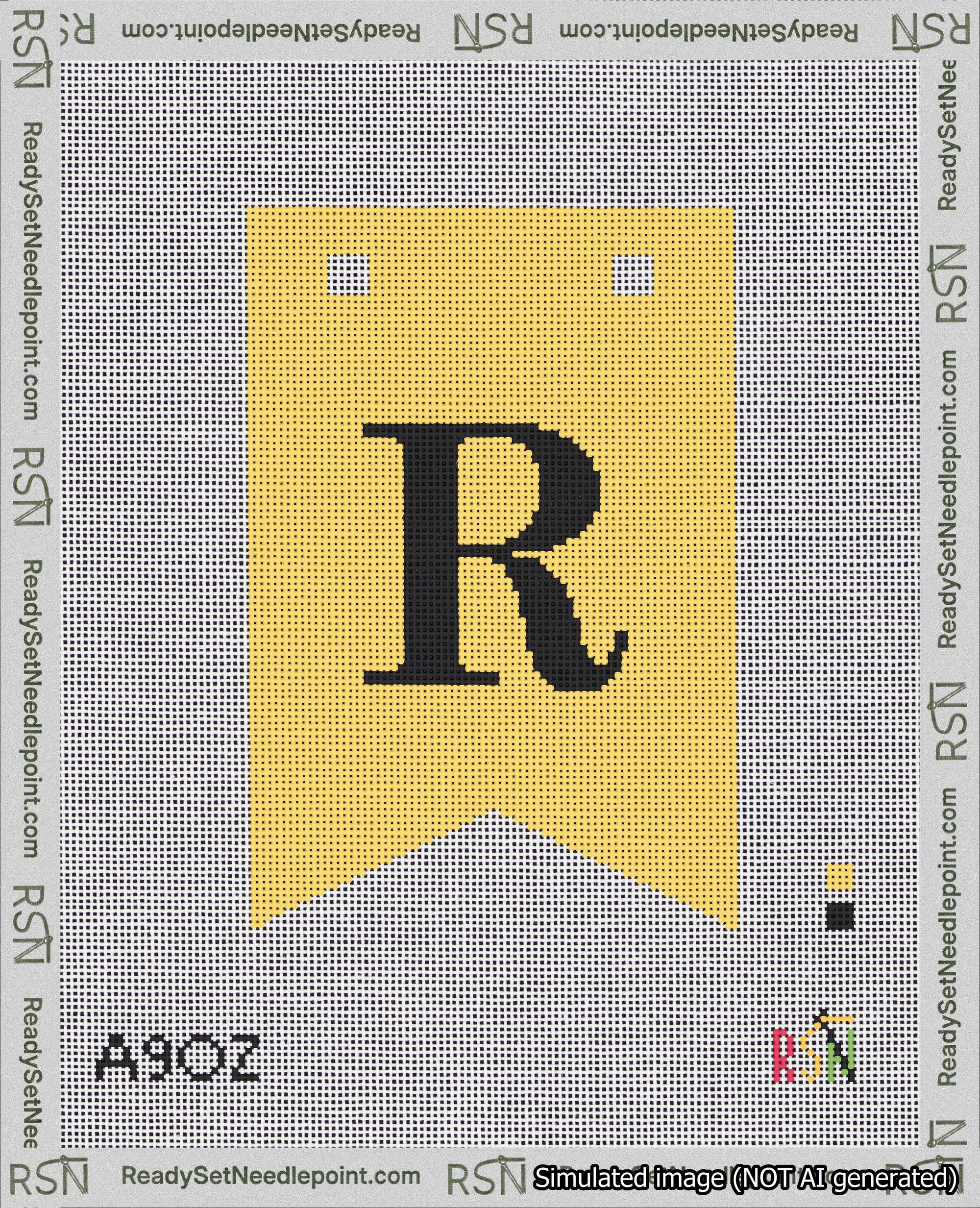 A taped needlepoint canvas with the design: Banner 18 mesh count Forked R Black on Yellow.