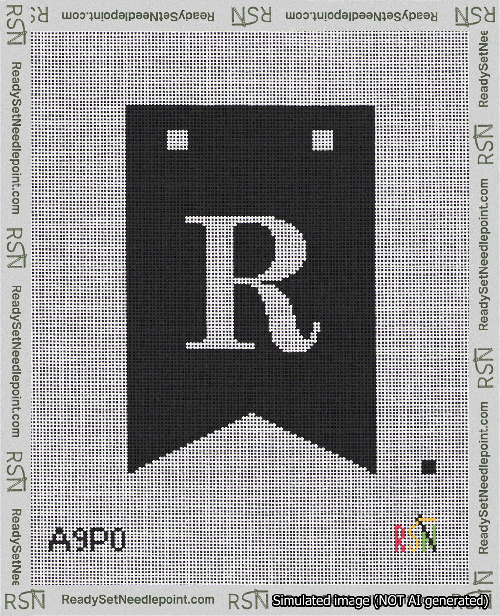 A taped needlepoint canvas with the design: Banner 18 mesh count Forked R White on Black.