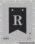 A taped needlepoint canvas with the design: Banner 18 mesh count Forked R White on Black.