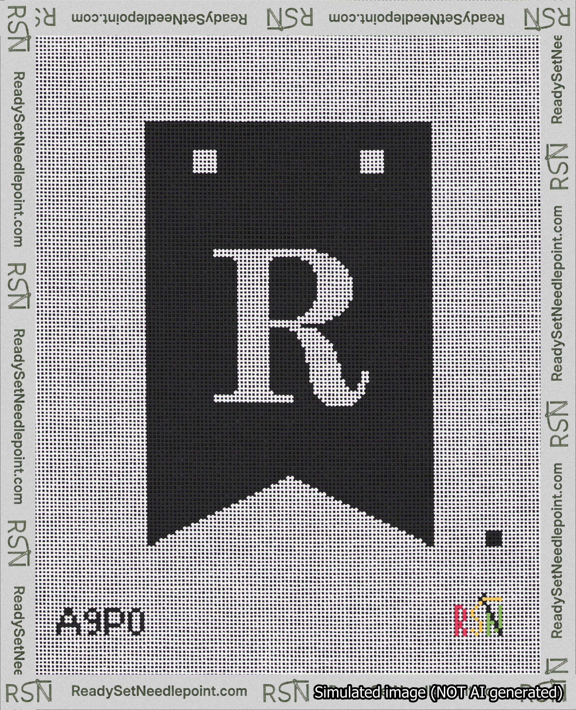 A taped needlepoint canvas with the design: Banner 18 mesh count Forked R White on Black.