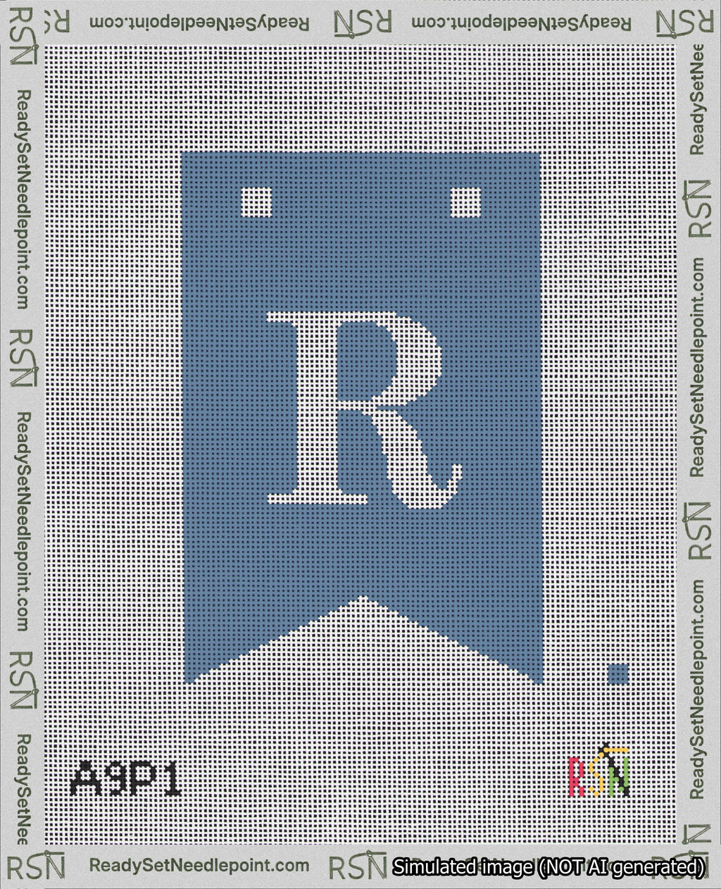 A taped needlepoint canvas with the design: Banner 18 mesh count Forked R White on Blue.