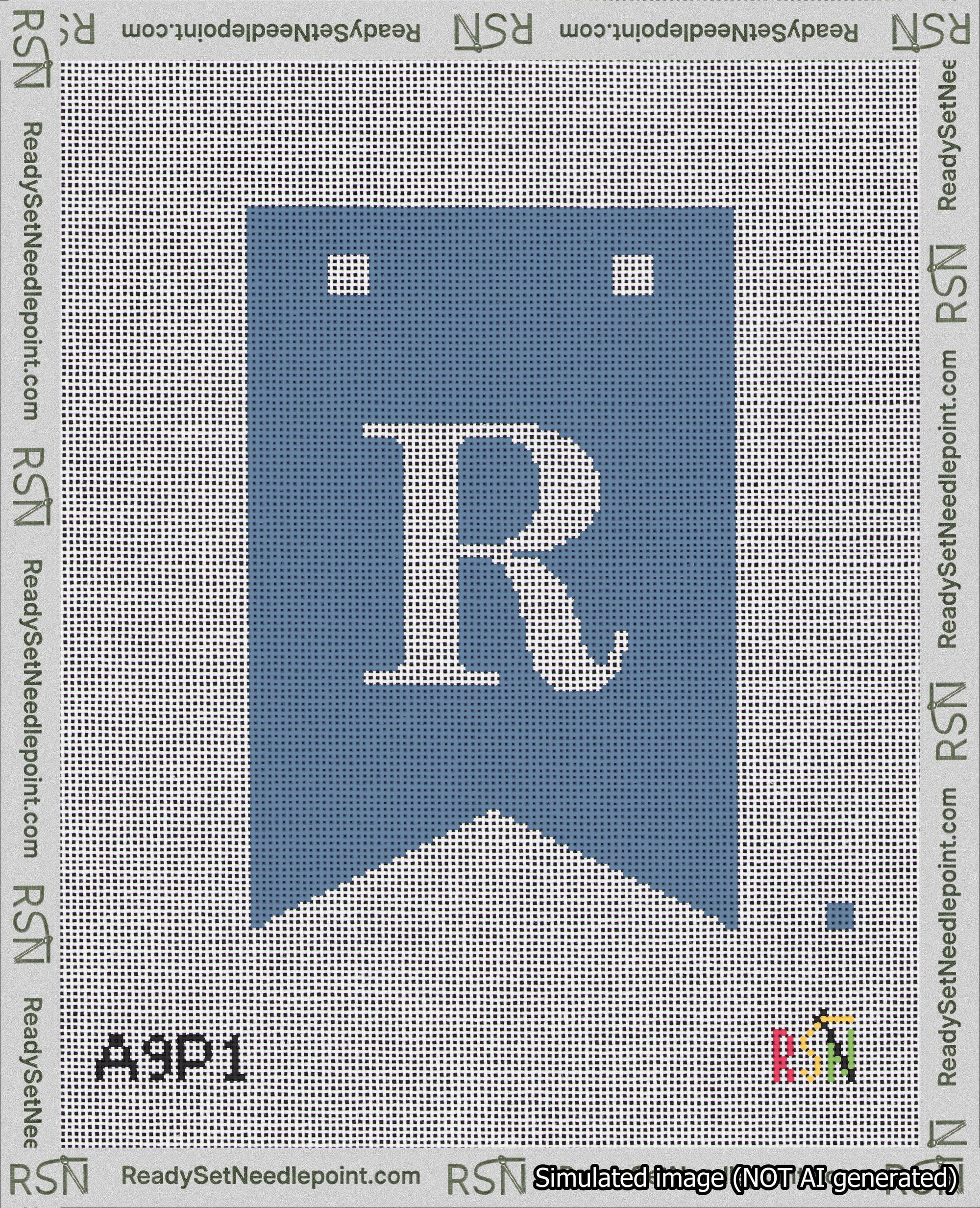 A taped needlepoint canvas with the design: Banner 18 mesh count Forked R White on Blue.