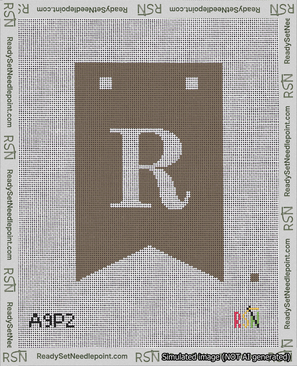 A taped needlepoint canvas with the design: Banner 18 mesh count Forked R White on Brown.