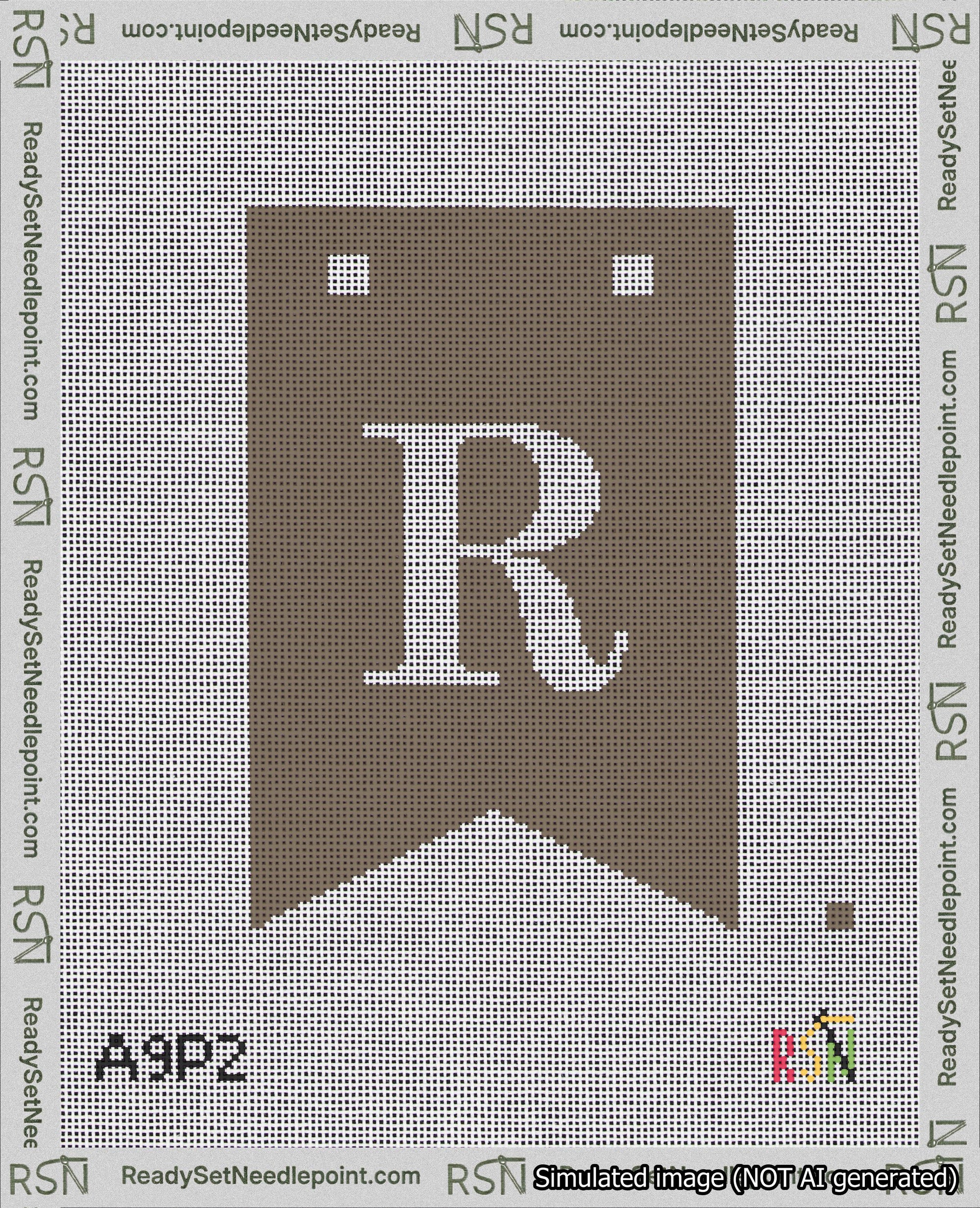 A taped needlepoint canvas with the design: Banner 18 mesh count Forked R White on Brown.