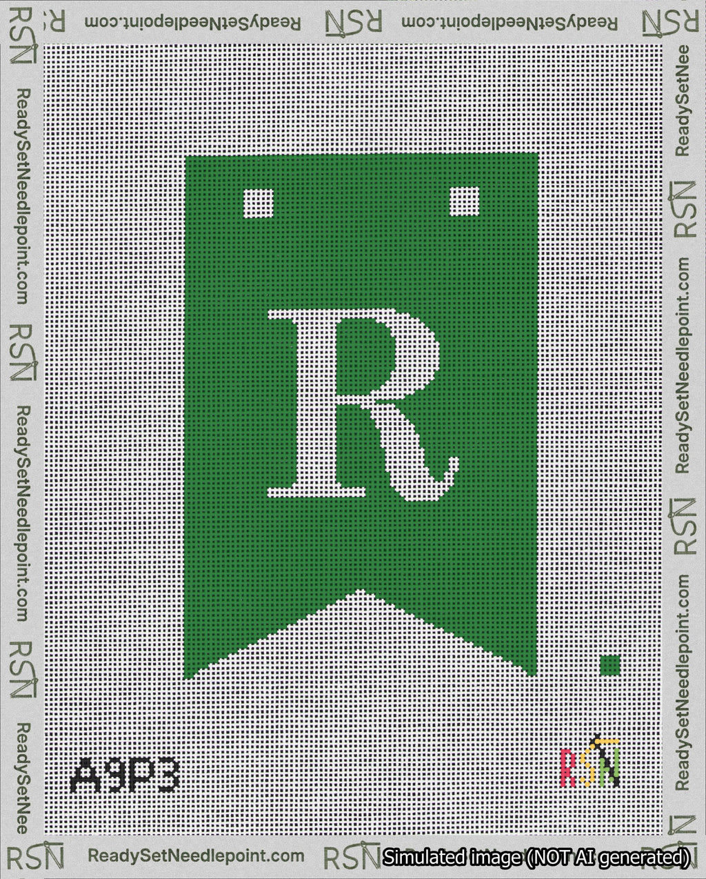 A taped needlepoint canvas with the design: Banner 18 mesh count Forked R White on Green.