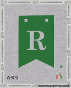 A taped needlepoint canvas with the design: Banner 18 mesh count Forked R White on Green.