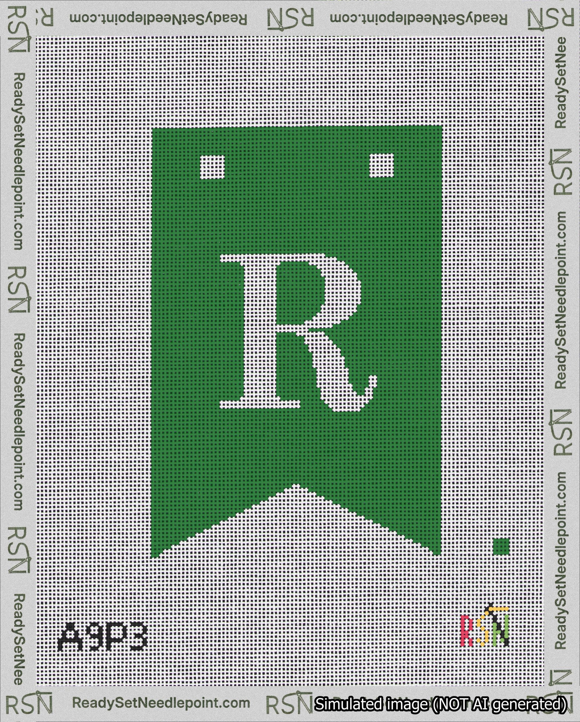 A taped needlepoint canvas with the design: Banner 18 mesh count Forked R White on Green.