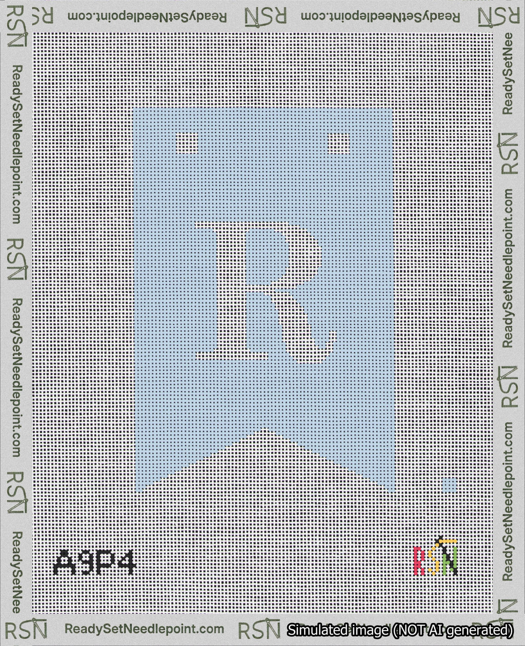 A taped needlepoint canvas with the design: Banner 18 mesh count Forked R White on Light Blue.