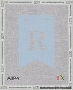 A taped needlepoint canvas with the design: Banner 18 mesh count Forked R White on Light Blue.