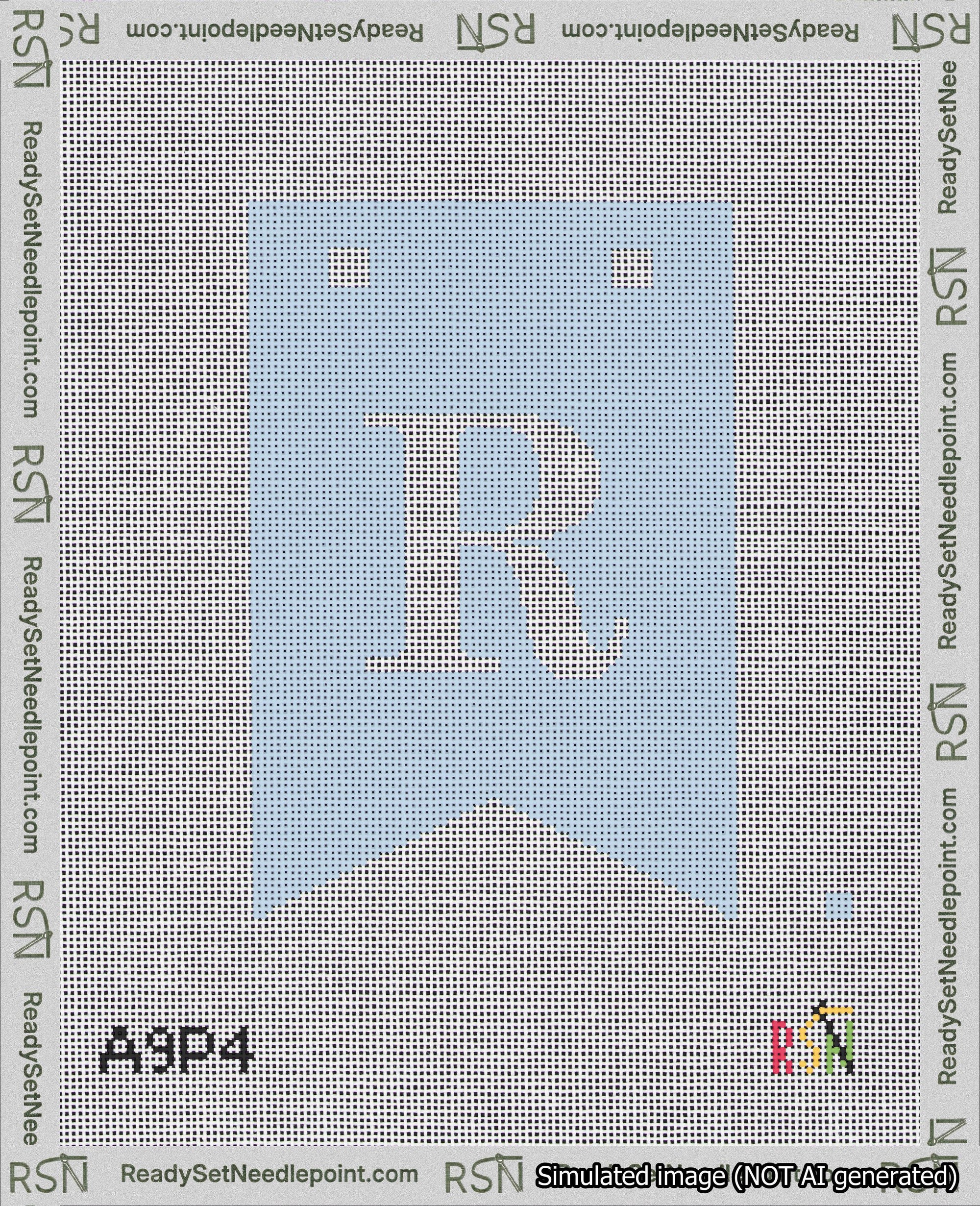 A taped needlepoint canvas with the design: Banner 18 mesh count Forked R White on Light Blue.