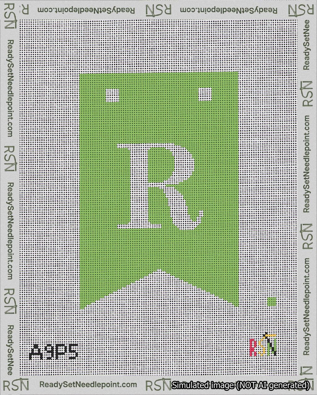 A taped needlepoint canvas with the design: Banner 18 mesh count Forked R White on Light Green.