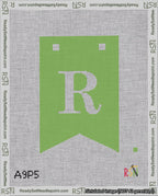 A taped needlepoint canvas with the design: Banner 18 mesh count Forked R White on Light Green.