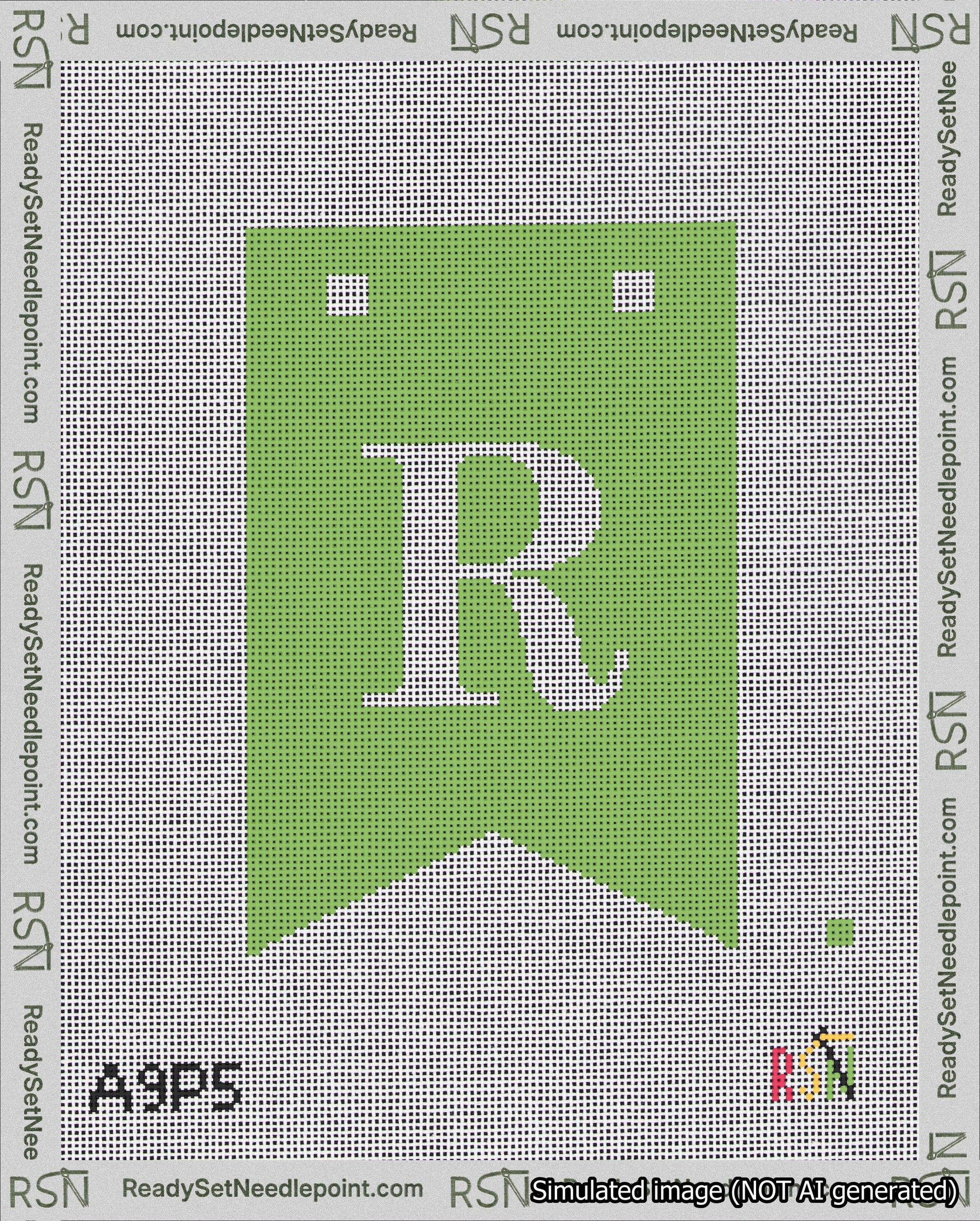 A taped needlepoint canvas with the design: Banner 18 mesh count Forked R White on Light Green.