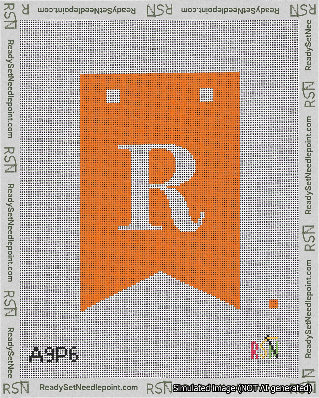 A taped needlepoint canvas with the design: Banner 18 mesh count Forked R White on Orange.