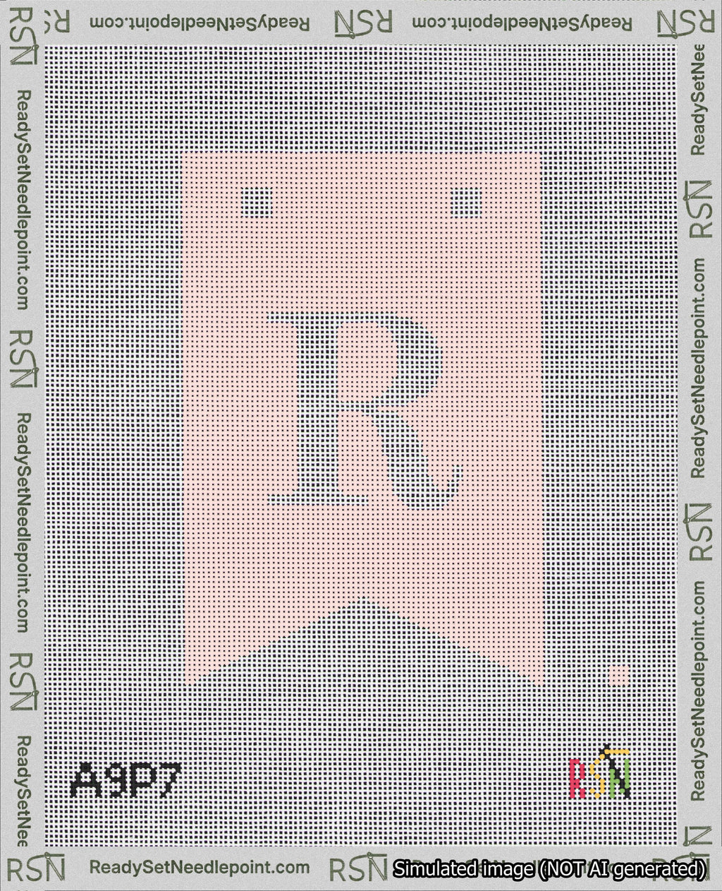 A taped needlepoint canvas with the design: Banner 18 mesh count Forked R White on Pink.