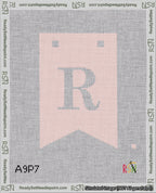 A taped needlepoint canvas with the design: Banner 18 mesh count Forked R White on Pink.