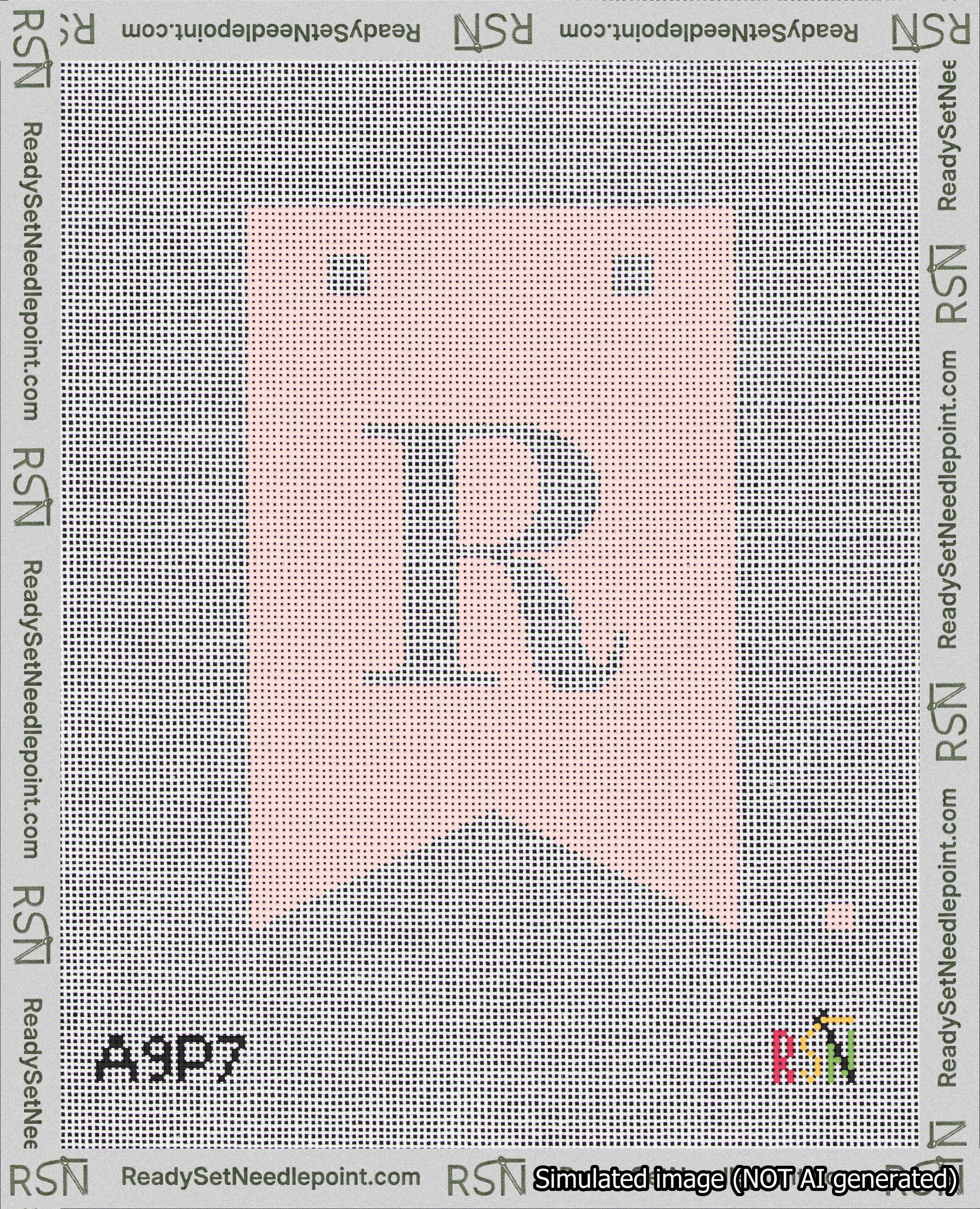 A taped needlepoint canvas with the design: Banner 18 mesh count Forked R White on Pink.