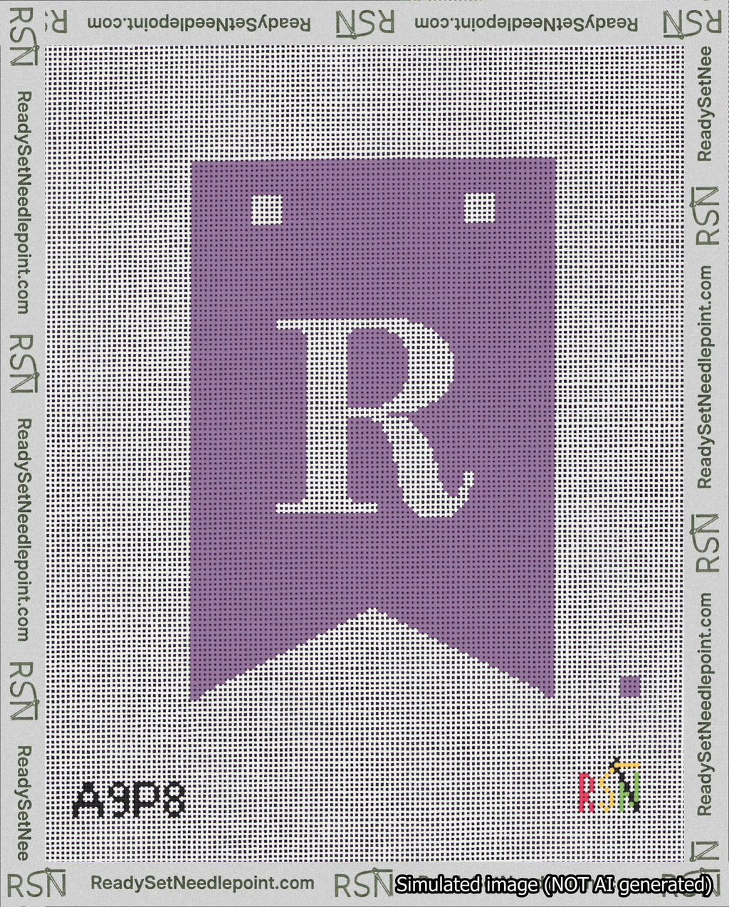 A taped needlepoint canvas with the design: Banner 18 mesh count Forked R White on Purple.