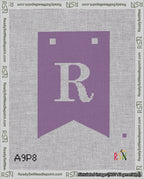 A taped needlepoint canvas with the design: Banner 18 mesh count Forked R White on Purple.