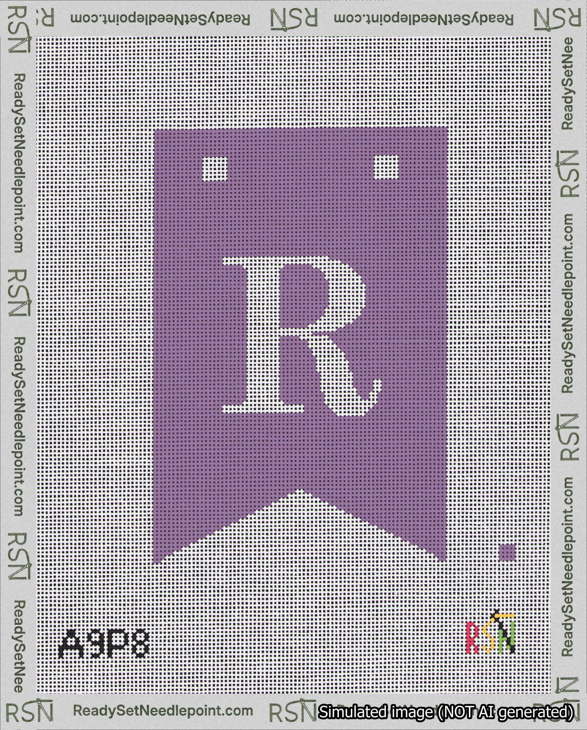 A taped needlepoint canvas with the design: Banner 18 mesh count Forked R White on Purple.