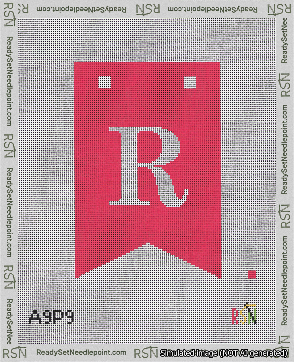 A taped needlepoint canvas with the design: Banner 18 mesh count Forked R White on Red.