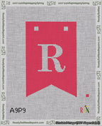 A taped needlepoint canvas with the design: Banner 18 mesh count Forked R White on Red.