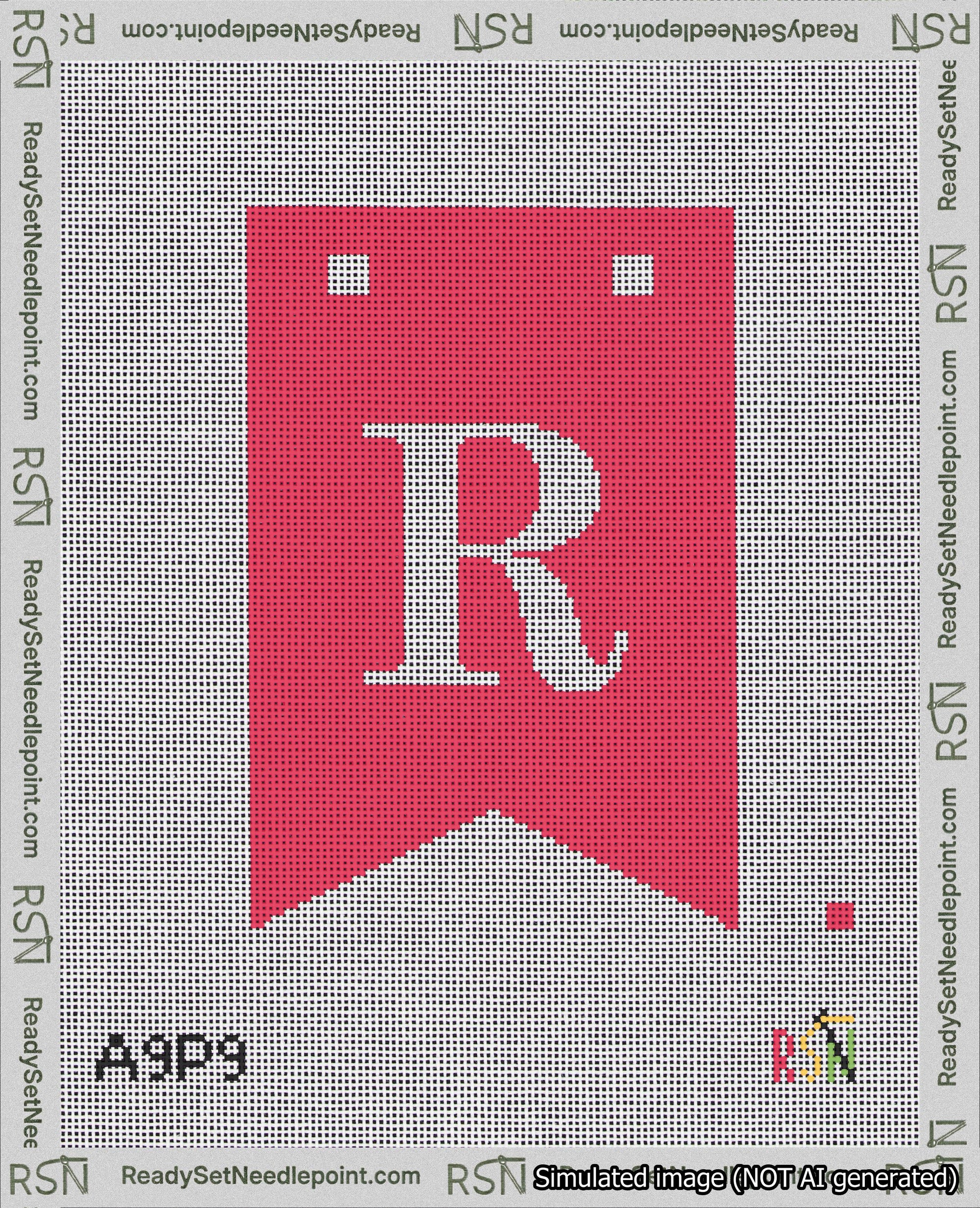 A taped needlepoint canvas with the design: Banner 18 mesh count Forked R White on Red.