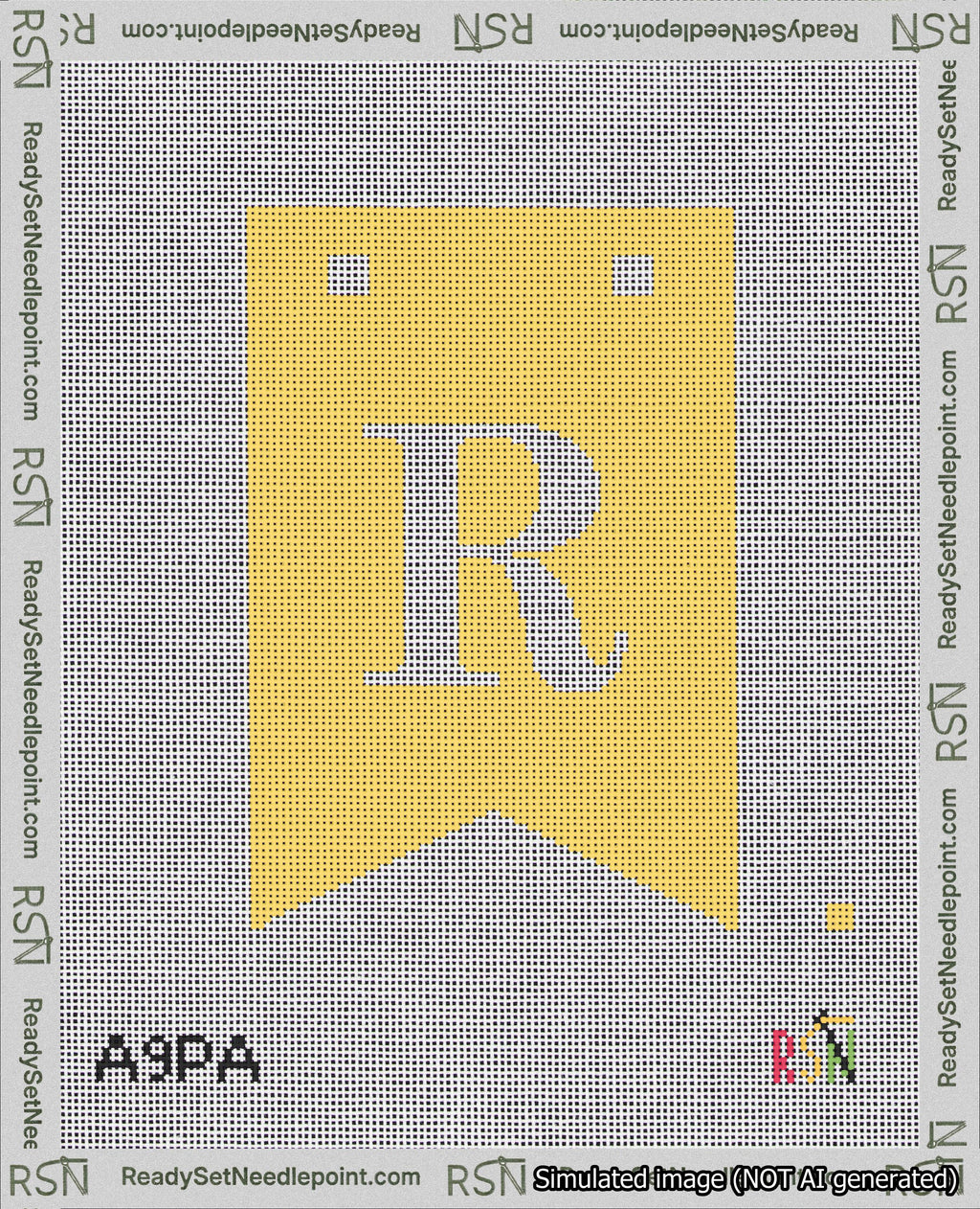 A taped needlepoint canvas with the design: Banner 18 mesh count Forked R White on Yellow.