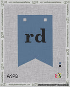 A taped needlepoint canvas with the design: Banner 18 mesh count Forked rd Black on Blue.