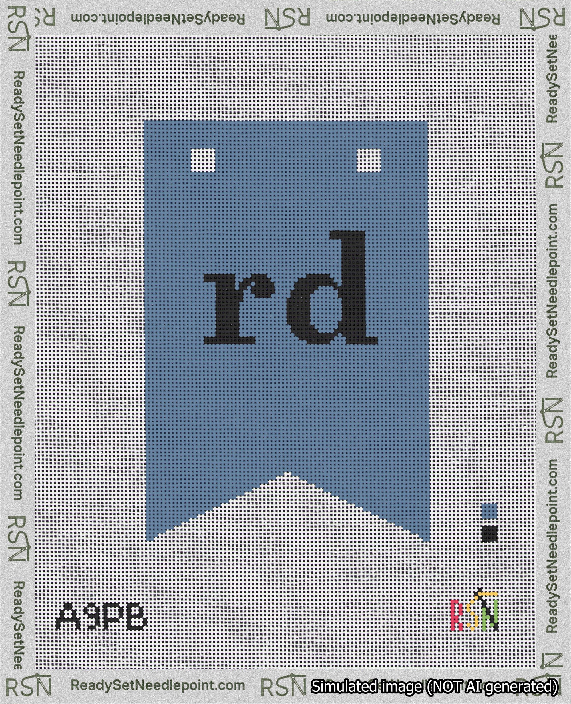 A taped needlepoint canvas with the design: Banner 18 mesh count Forked rd Black on Blue.