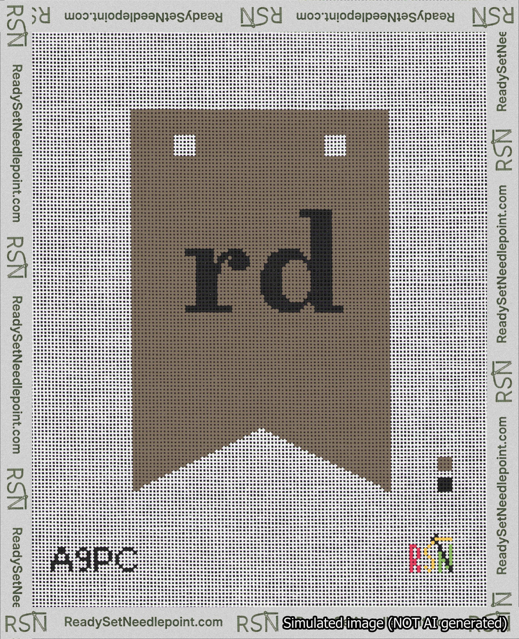 A taped needlepoint canvas with the design: Banner 18 mesh count Forked rd Black on Brown.