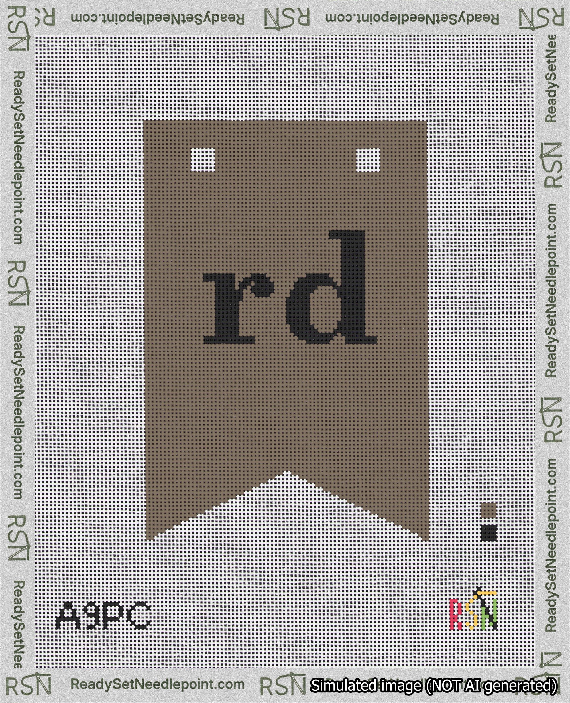 A taped needlepoint canvas with the design: Banner 18 mesh count Forked rd Black on Brown.