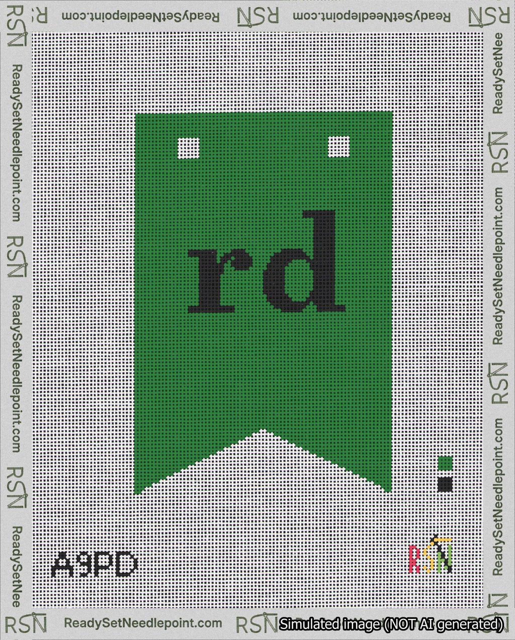 A taped needlepoint canvas with the design: Banner 18 mesh count Forked rd Black on Green.