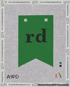 A taped needlepoint canvas with the design: Banner 18 mesh count Forked rd Black on Green.