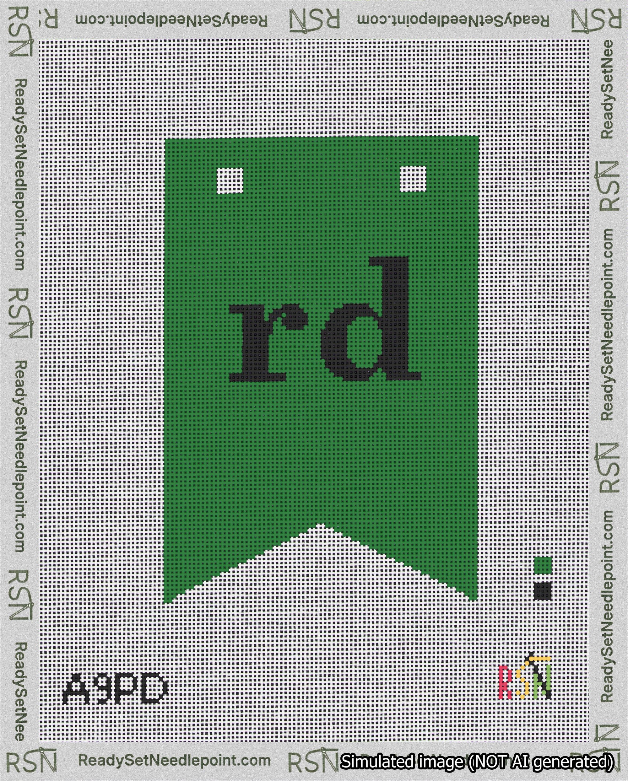 A taped needlepoint canvas with the design: Banner 18 mesh count Forked rd Black on Green.