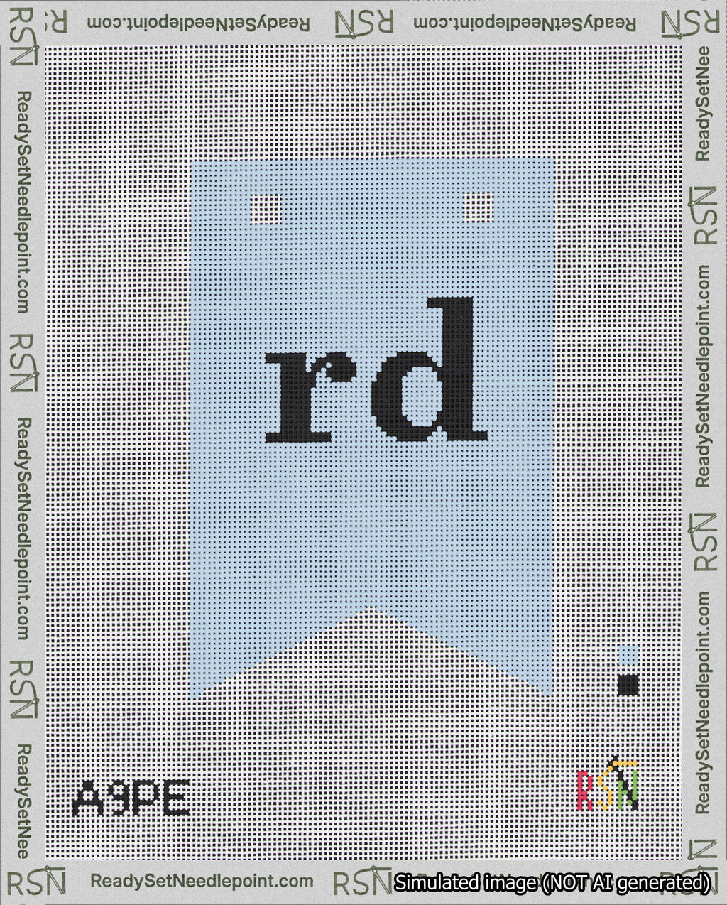 A taped needlepoint canvas with the design: Banner 18 mesh count Forked rd Black on Light Blue.